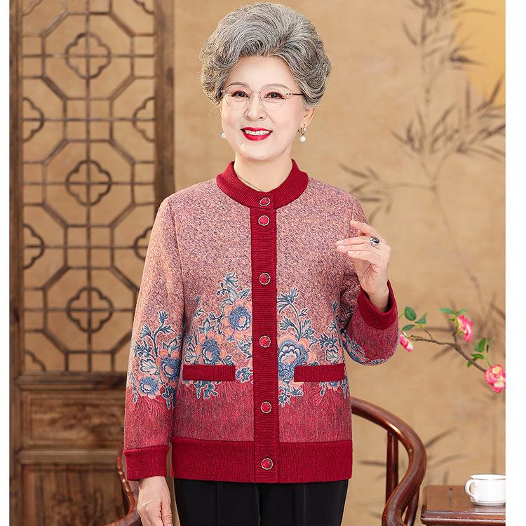 Autumn and Winter Round Neck Printed Plus Velvet Thickened Knitted Cardigan for Women Loose Casual Jacket Middle-aged and Elderly New Mother Suit