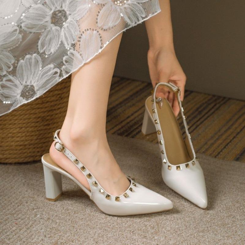 Temperament pointed high heels new buckle thick heel professional single shoes women's rivet high heel sandals