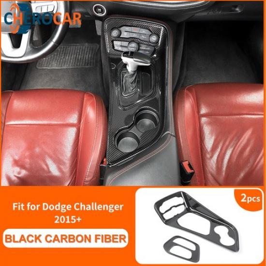 2PCS Carbon Fiber Center Gear Shifter Panel Cover Kit for Dodge Challenger 2015+