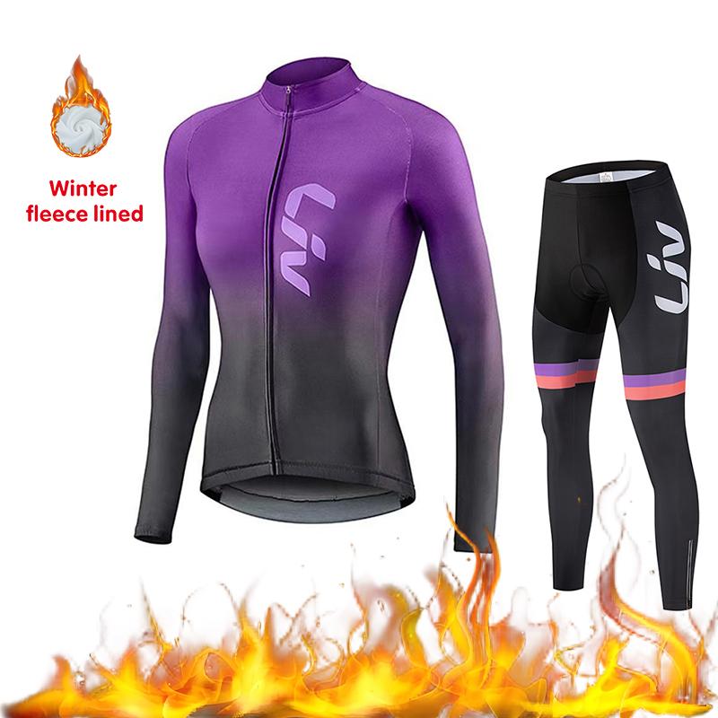 2026 Women's Cycling Suit Set Winter Velvet Long Sleeved Cycling Jersey Knitted Sweater Cycling Bib Warm Cycling Sports Shir