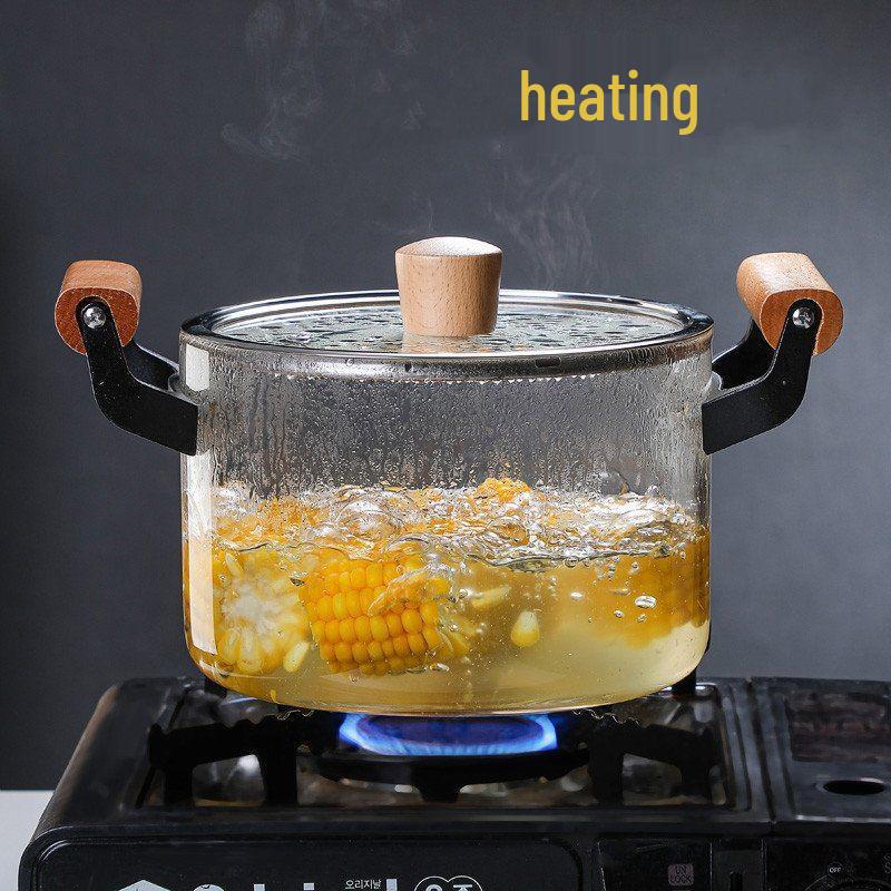 High Borosilicate Glass Soup Pot with Lid for Electric Stoves, Transparent Double Ear, Wood Handle.