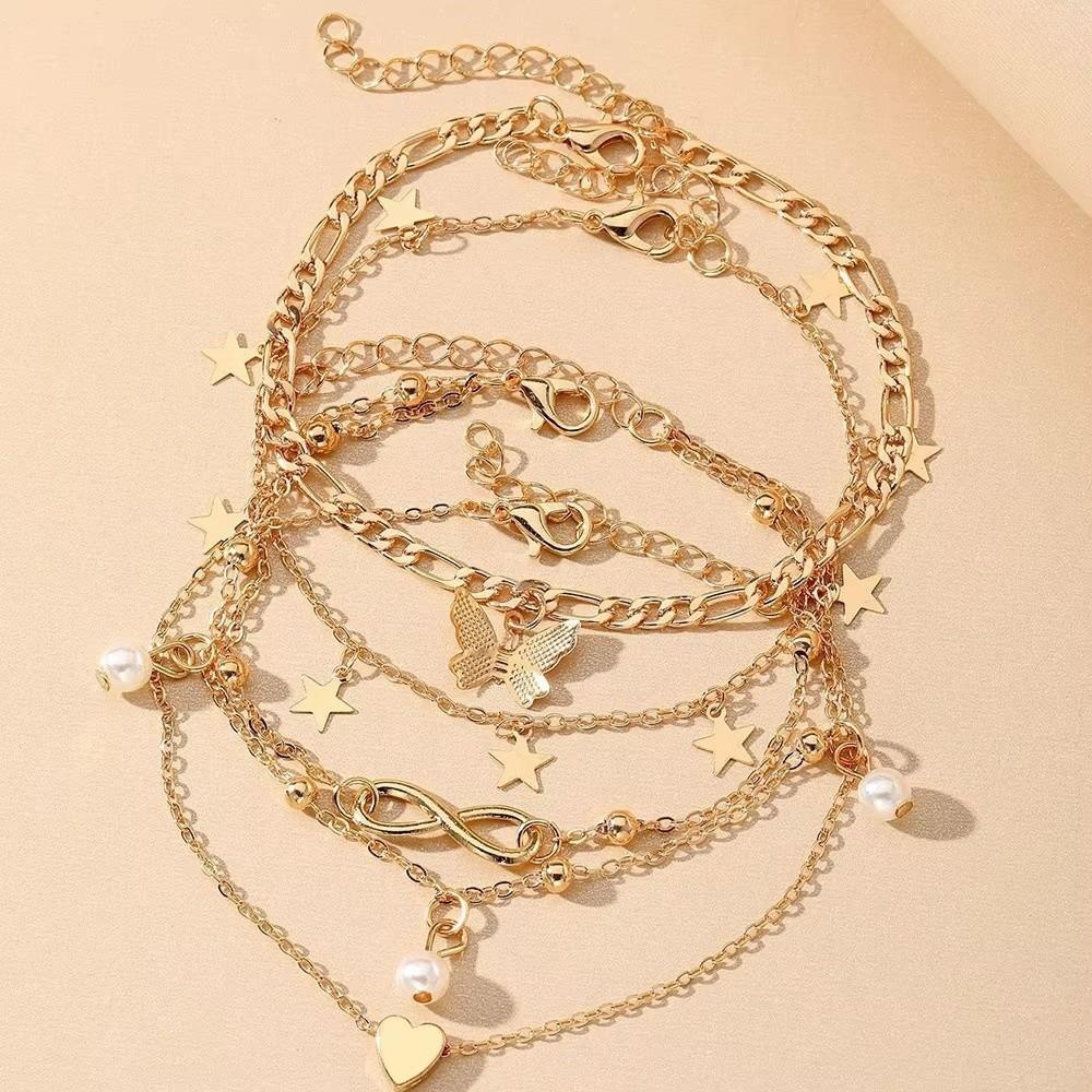 4Pcs/5Pcs Adjustable Heart Charm Anklet Pearl Charm Anklet  Women Girl Jewelry Accessories