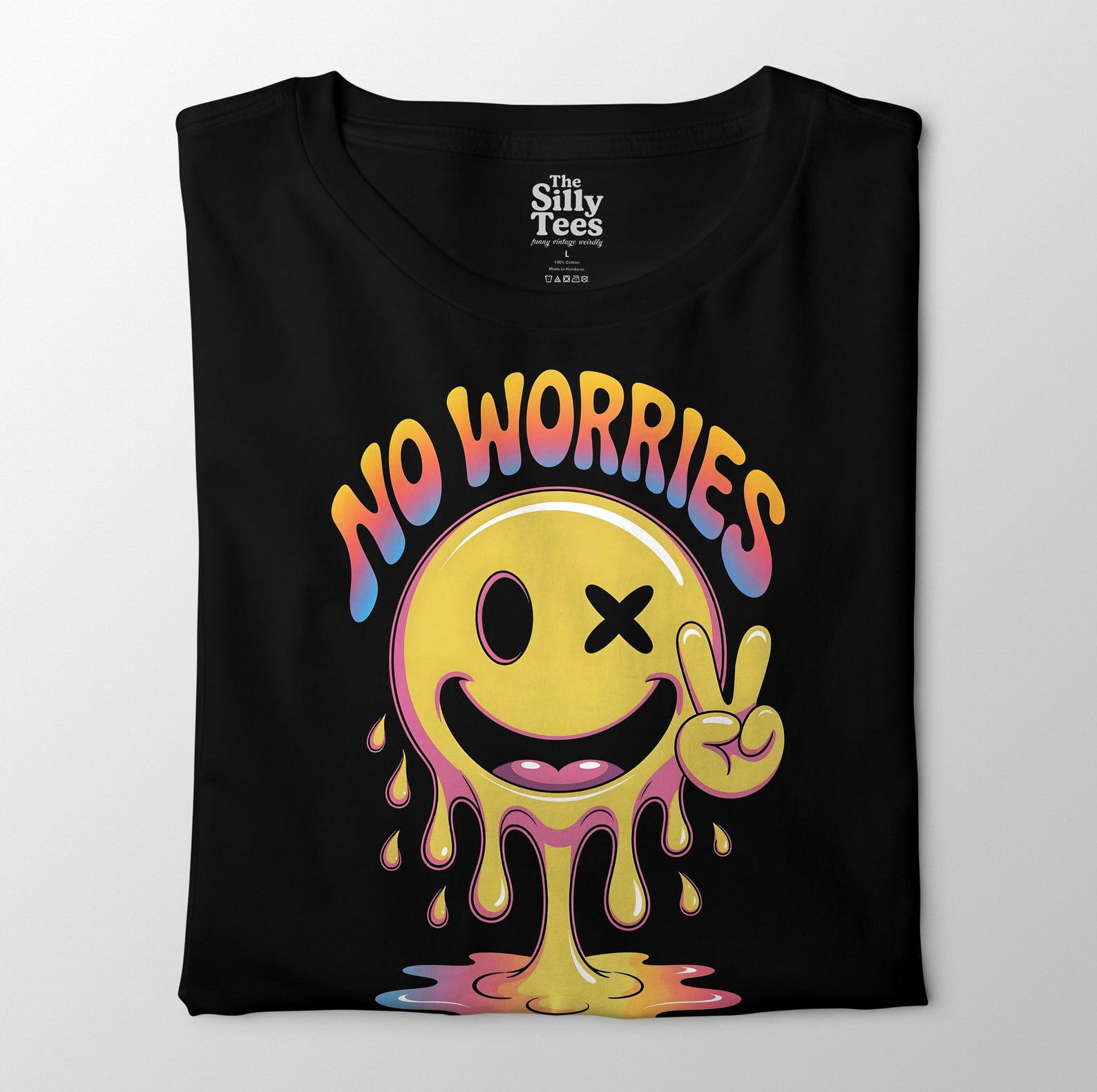 No Worries Melting Smiley Face Shirt, Trendy Peace Sign Tee for Positive Vibes 3XL