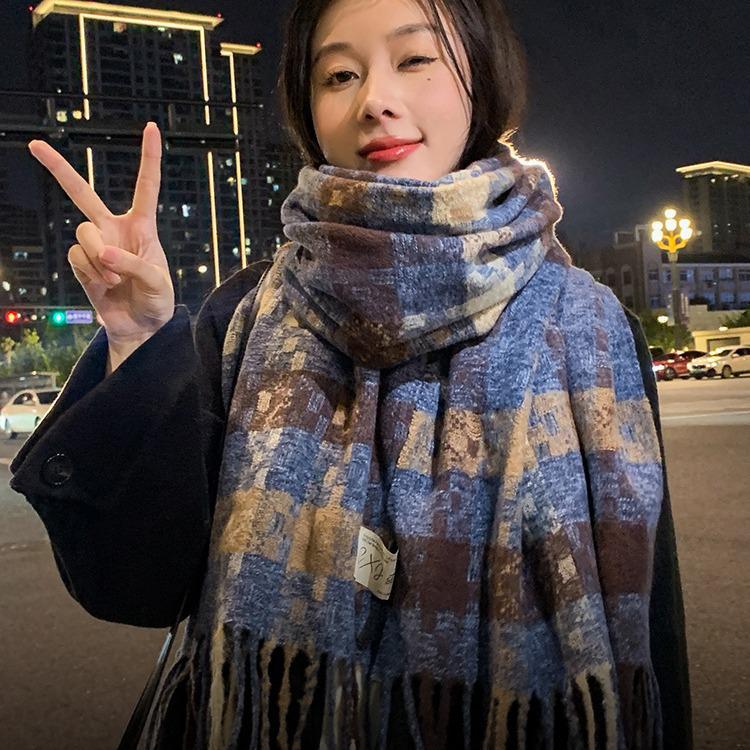 Korean Style Withered Rose Plaid Imitation Cashmere Scarf - Women's Winter Christmas Red Shawl