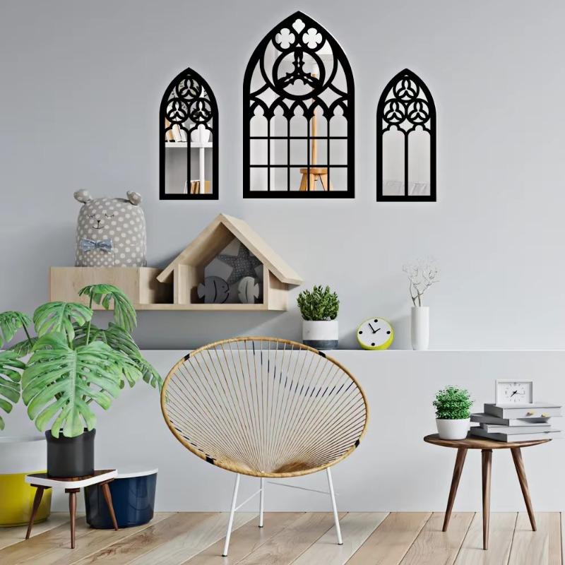 Vintage Cathedral Arch Frame Mirror Decorative Goth Mirror 1/3Pcs Gothic Mirrors Wall Decor Spooky Gothic Arched Wall Mirrors