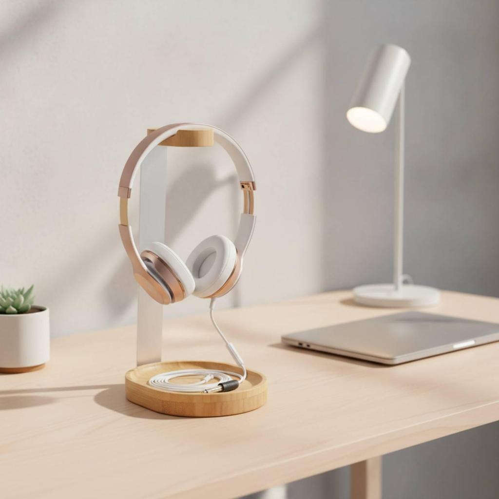 Headphone Stand with Wooden Base Desktop Wood Minimalist Headset Holder Storage