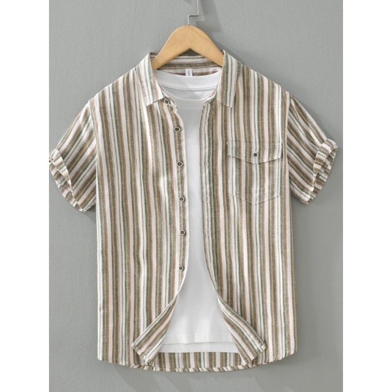Fresh Breathable Color Matching Stripe Linen Short sleeve Shirts Men's Summer Casual Half Sleeve Japan fashion Retro Cotton and Linen Shirt