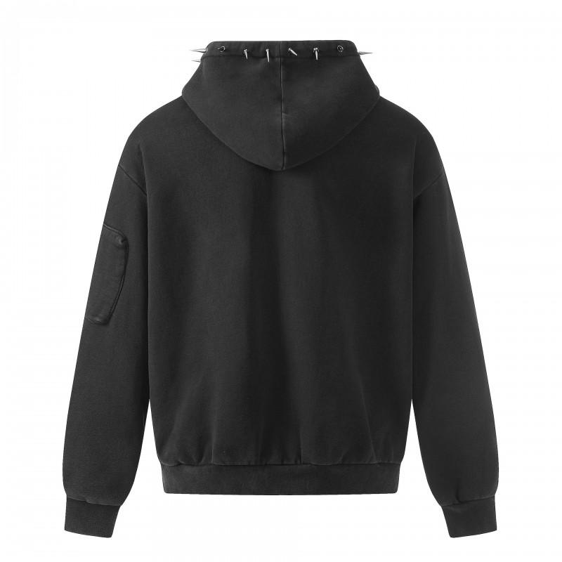 Unisex Streetwear Hooded Zip-Up Sweatshirt Punk Studded Loose Fit Black Casual Jacket