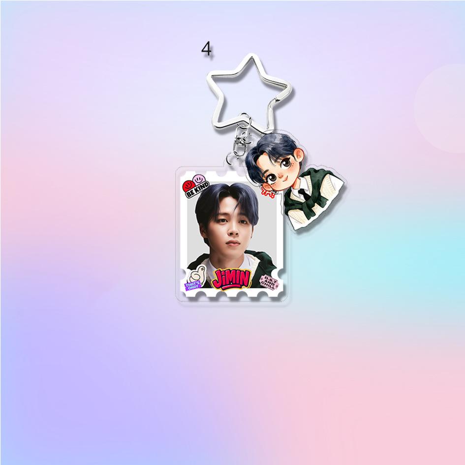 Llavero Acrílico BTS, Bangtan Boys Foto Real + Figura de Dibujos Animados Llavero Doble con Cierre de Estrella, Encanto para Bolso de Fans Kpop ARMY