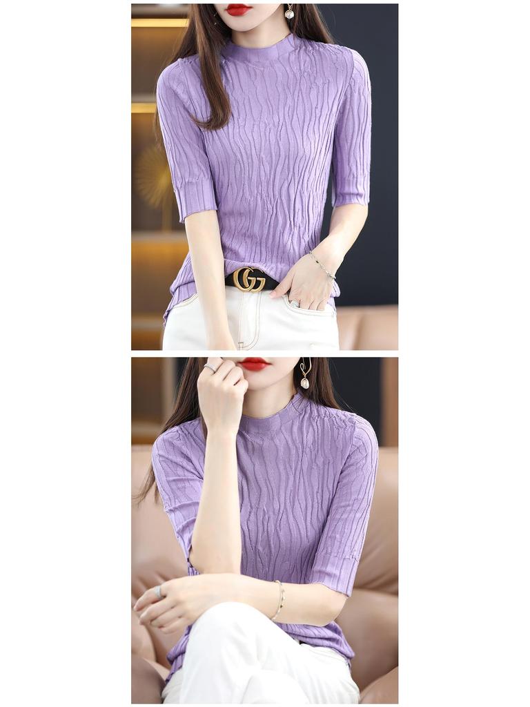 Women's Slim Fit Mid-Sleeve Knitted Shirt - Soft Half Turtleneck for Early Autumn 2024