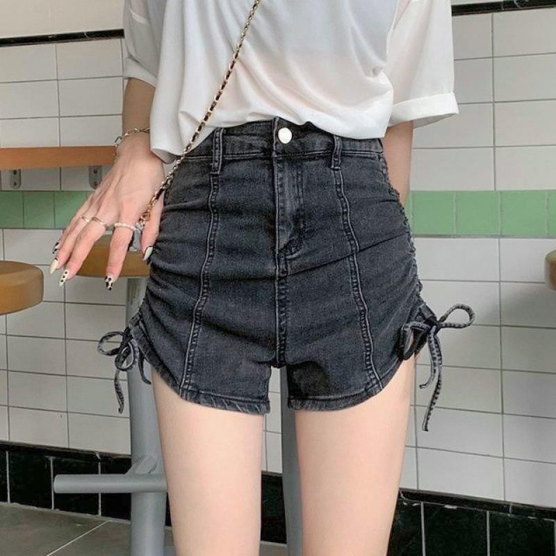 Удобные Модные и Универсальные Джинсовые Шорты с Завязками Женские С высокой талией Облегающие Эластичные А-силуэта Широкие Брюки High Street S черный серый