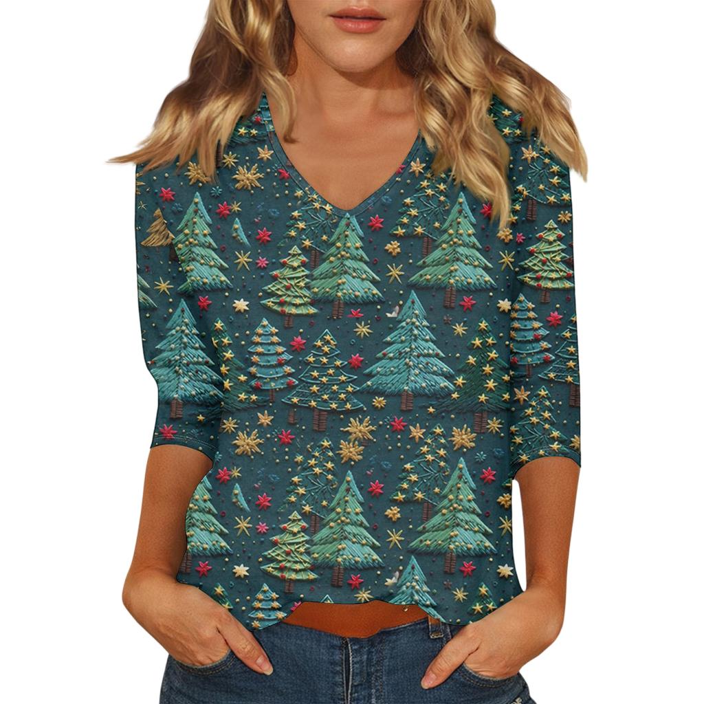 Women's Casual Fashionable Sexy Comfortable V-Neck Christmas Three-Quarter Sleeve Top