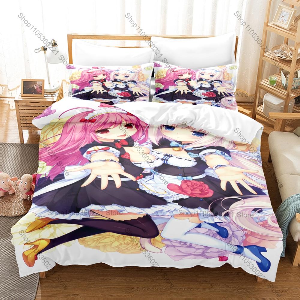NEKOPARA OVA Themed Duvet Cover + 2 Pillowcases, Kawaii Cat Maid Anime Graphic Bedding Set Home Dorm Decoration