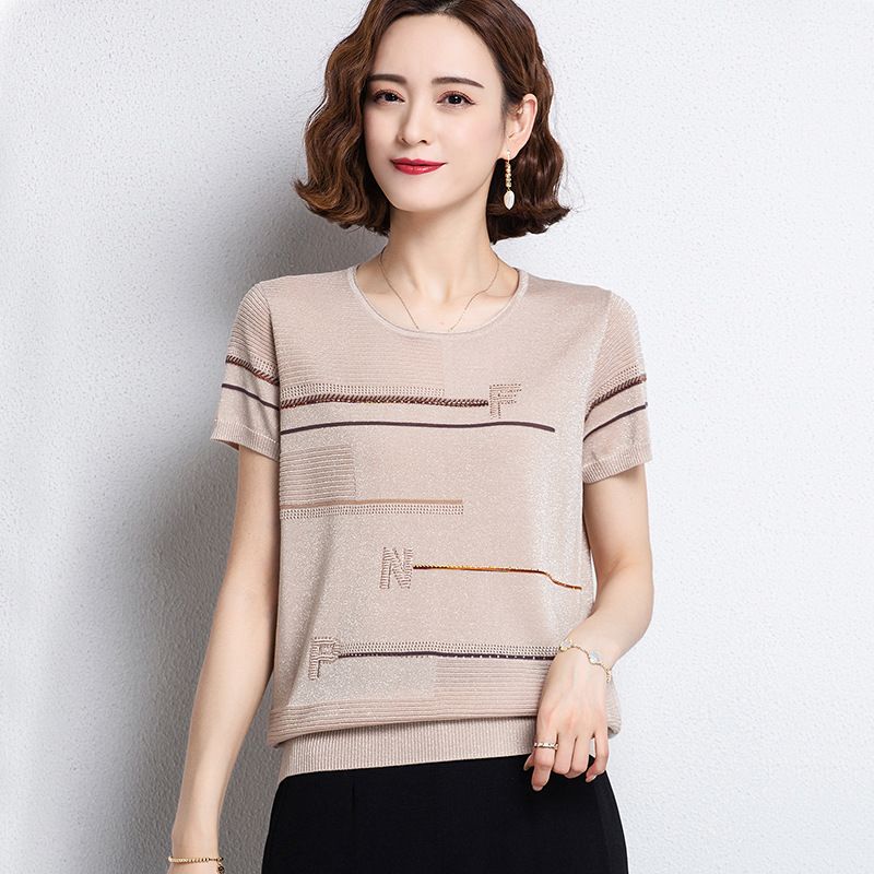 Summer Women's Knitted T-shirt Short Sleeved Embroidered Thin Ice Silk Retro Pullover Shirt