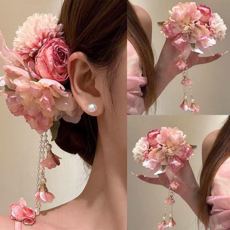 Elegant Pink Fairy Tassel Flower Hair Clip – Sweet Vacation Style Duckbill Accessory