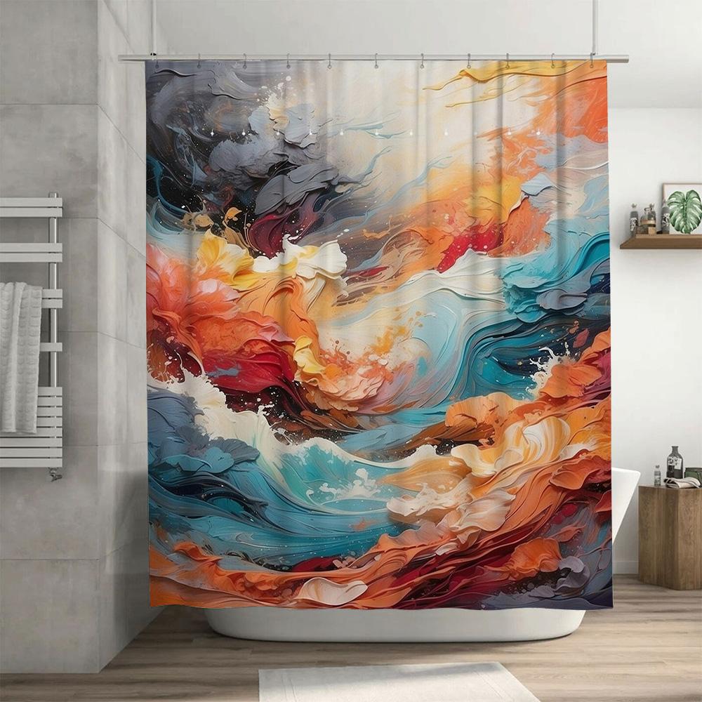 Modern Art Print Shower Curtain Vibrant Colors Fluid Design for Bathroom Decorations.