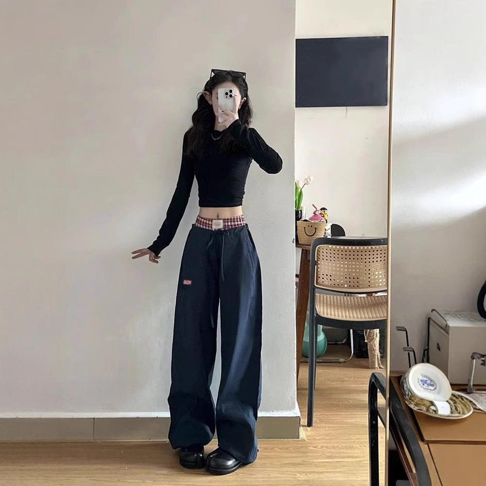 

Hua Cotton 75D Navy Blue Patchwork Wide-Leg Pants - Women s Sporty Casual Autumn/Winter Trousers L 【up to 120 jin】