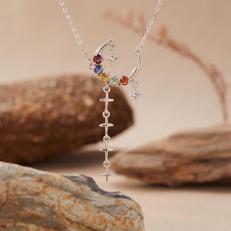 Natural Citrine Color Sapphire Pendant Necklace Women'S S925 Silver Color Treasure Jewelry Moon Star Design