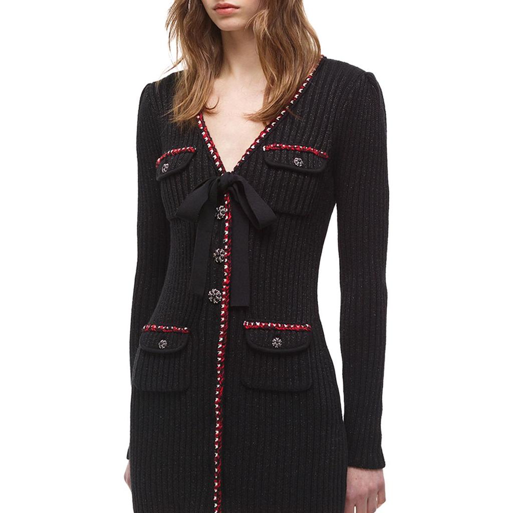 Self-Portrait Bow Knit Sweet Cool Style V-Neck Slim Fit Dress Elegant Quality Princess Dress Bodycon Versatile Fitted Long Sleeve Dress SWF325M12100