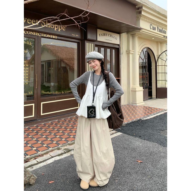 Kumikumi Gray Long Sleeve Knit Stacked White Cami Women Autumn Loose Casual Pants Three-Piece Set