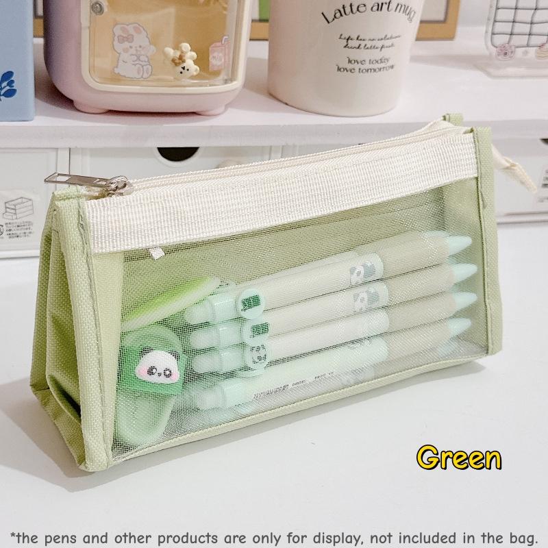Trousse à crayons en maille transparente Color Block Sac de rangement pour stylos pour examen Minimaliste Grande capacité Multi-couches Papeterie