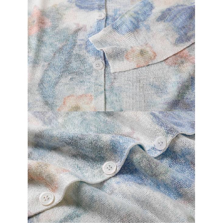 Womens Floral Print Long Sleeve Knit Sweater Top V-Neck Knitted Cardigan Casual Style Jacket Anti-Darkness