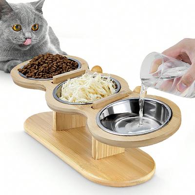 Cat 3 Bowls In 1 Feeder Feeding Watering Supplies Food Bowl 15-Degree Tilt Raised Puppy 3 Stainless Steel Bowls Wood Brackets