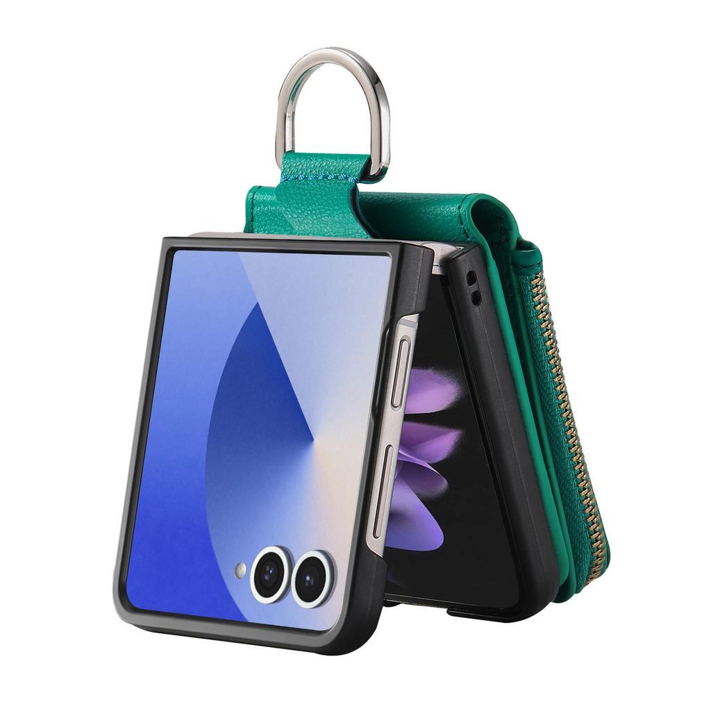 For Samsung Galaxy Z Flip7 5G Case Zipper Pocket Leather + PC Phone Cover with Ring Holder