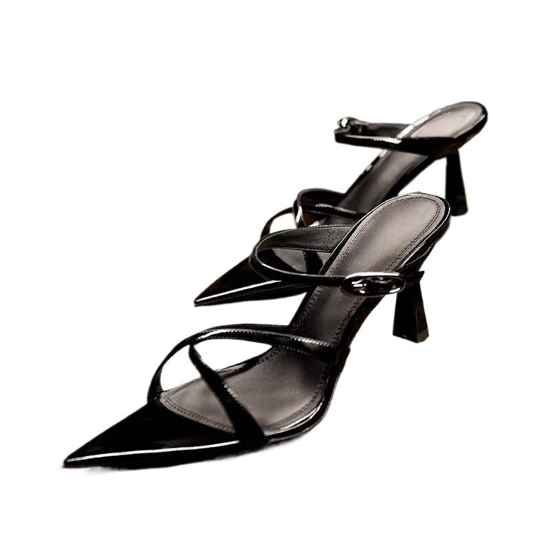 New Style Summer Pointed Toe Slippers Women Red Patent Leather Open Toe Stiletto High Heels Women Outside Wear Sexy Sandals