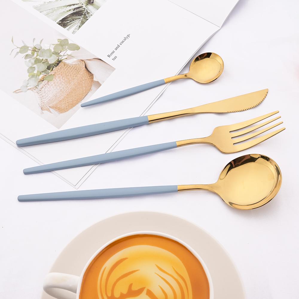 6People Luxury Gold Dinnerware Set Stainless Steel Tableware Set Knife Fork Spoon Flatware Cutlery Set Silverware Bright Light
