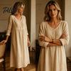 Polyester Summer Dress Midi for Women, Button Down Long Sleeve Mid-length Loose A-line Dress, Casual V Neck Flowy Vacation Outfits Women