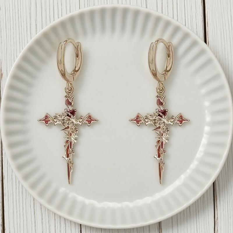 Vintage Gothic Thorn Rose Cross Pendant Earrings Suitable for Men and Women Creative Sweet Cool Style Jewelry Party Gifts