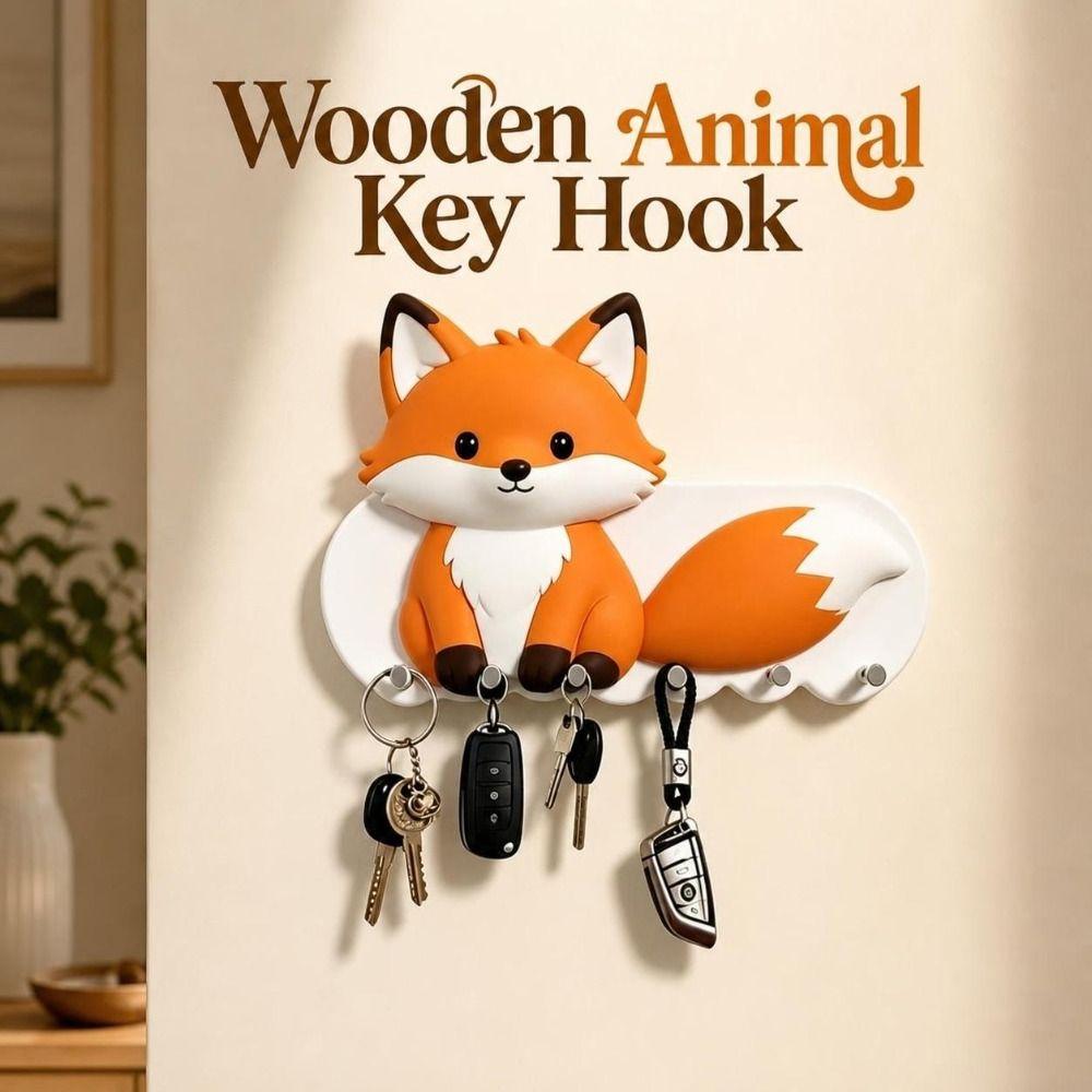 Cartoon Adhesive Key Holder Wooden Wall-mount Hanger Lovely Animal Key Hook  Hallway