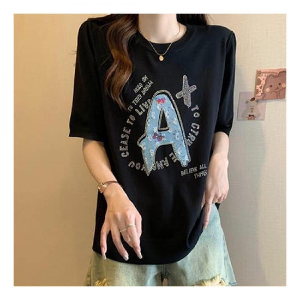 Navava Men AlphabeT Beads Loose FiT ShorT Sleeve KniT T shirT Nk2241
