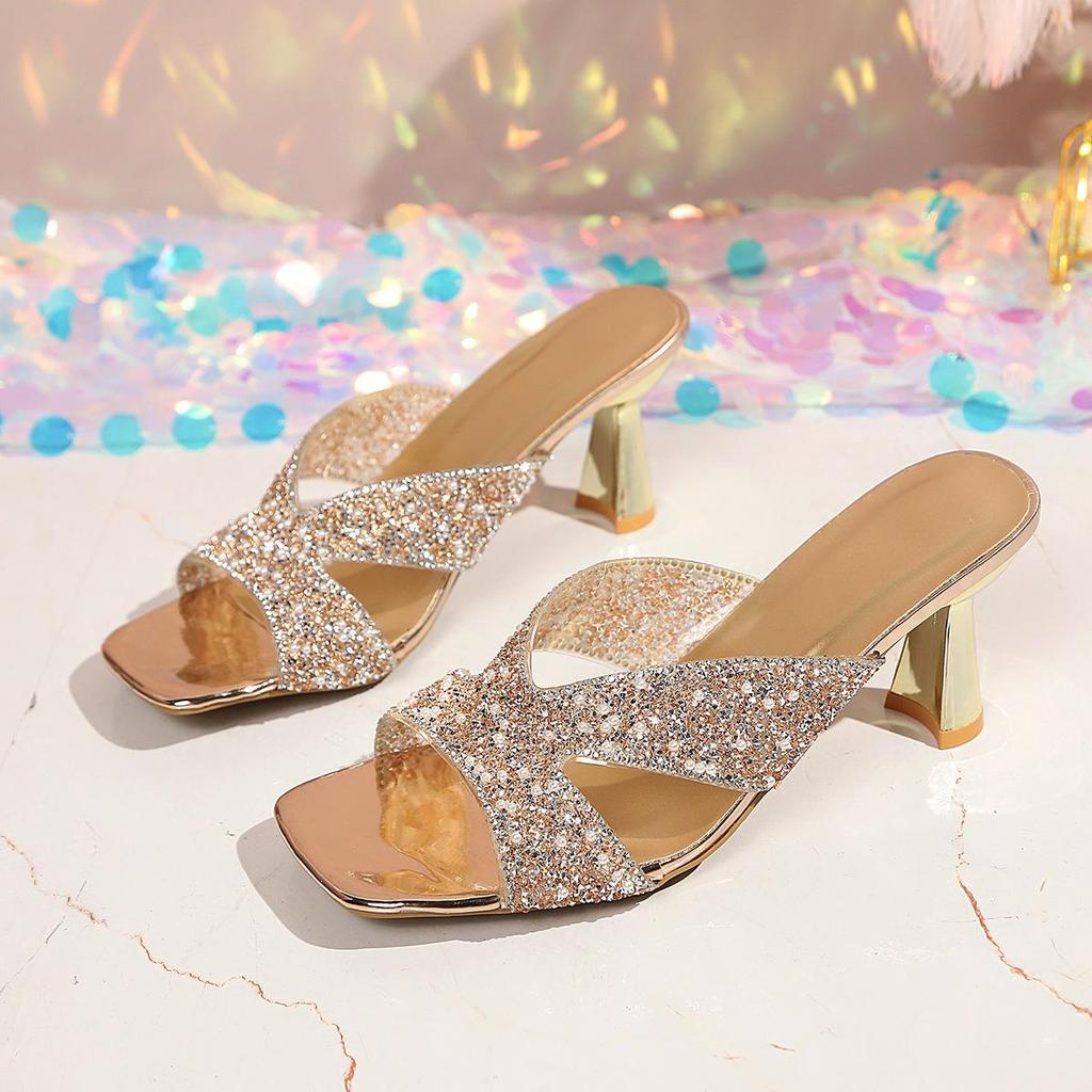 2026 Summer Rhinestone Square Toe High Heel Slides - Sequined, Plus Size, Outdoor Sandals