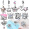 Charms Copper Original Blue Zircon Crown Pendant Pink Heart Beads Fit Bracelet Jewelry Making Women Diy Gift Accessory