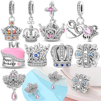 Charms Copper Original Blue Zircon Crown Pendant Pink Heart Beads Fit Bracelet Jewelry Making Women Diy Gift Accessory