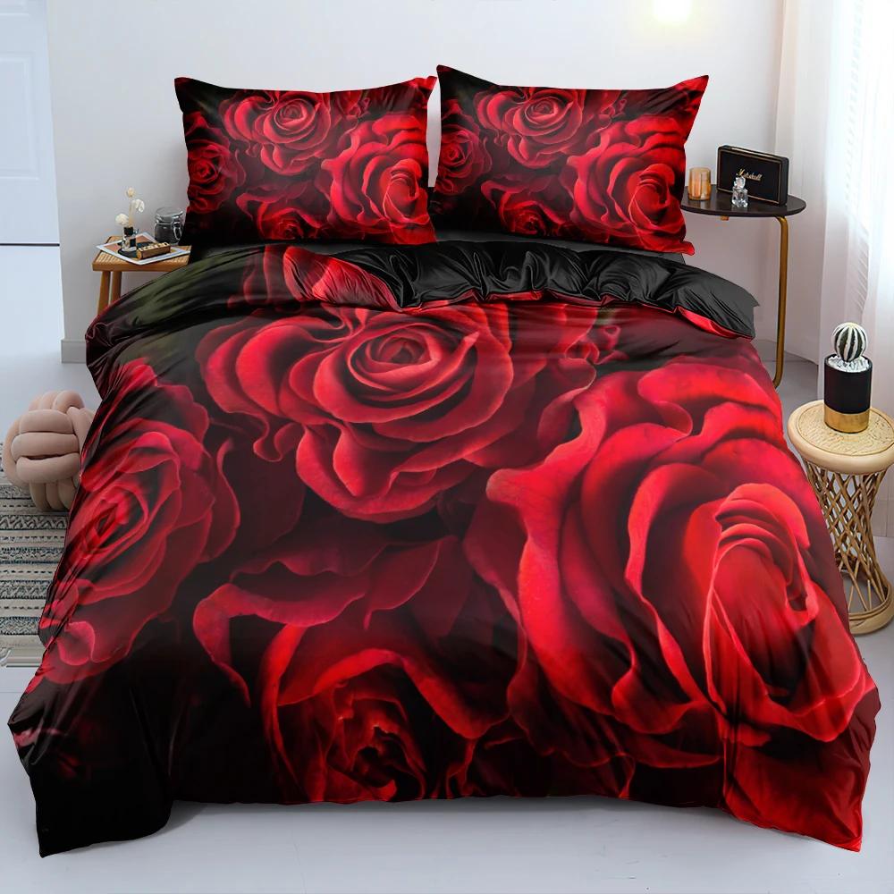 3D Floral Beding Set Rose Sureal Scene Concept Artwork Soft Duvet Cover King Quen Sized Dimensions Colorful Flowers Gren Soft Warm Comforter Cover