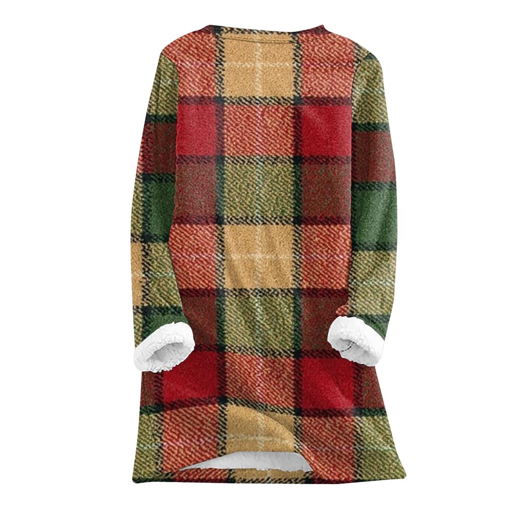 Women's Fashion Plaid Print Round Neck Long Sleeve Plush Winter Warm Pullover Top
