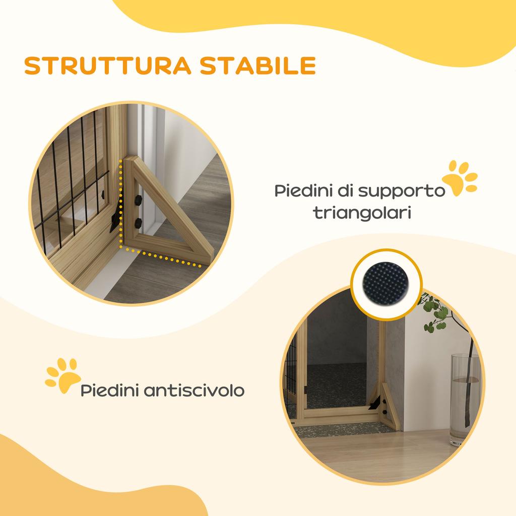 Extendable Dog Gate with Door and 2 Panels, Triangular Feet, 112-159x70 Cm, Natural Wood