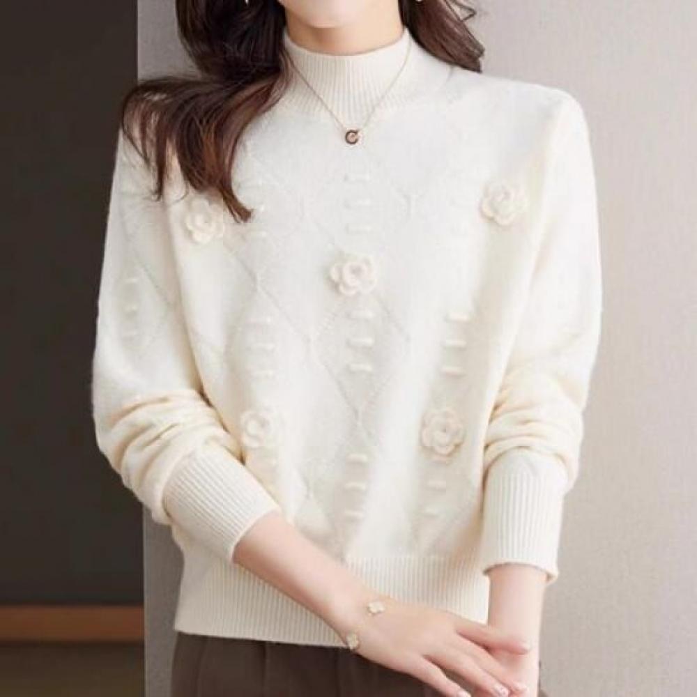 Navava Women Solid Rose Point Mock Neck Long Sleeve Knit Sweater Nk3491