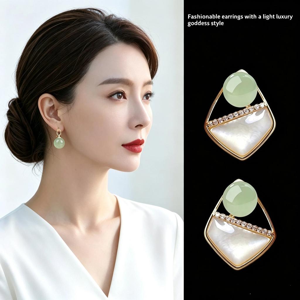 Stud Earrings For Women With Green White Bead Rhinestones For Daily Wear Office Banquet Parties