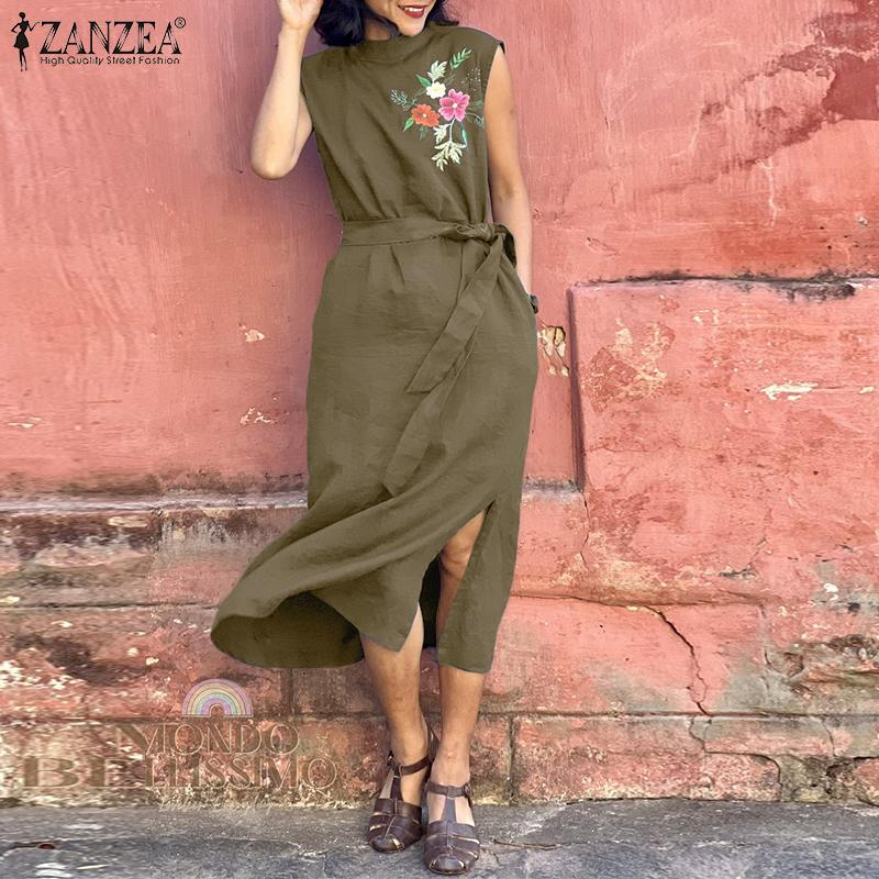 

ZANZEA женское летнее повседневное платье без рукавов с цветочной вышивкой и воротником-стойкой