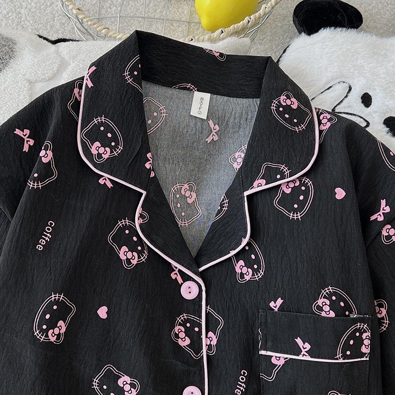 Korean Style Women's Summer Cartoon Pajama Set - Short Sleeve Cardigan with Shorts, Cloud Cotton Lapel