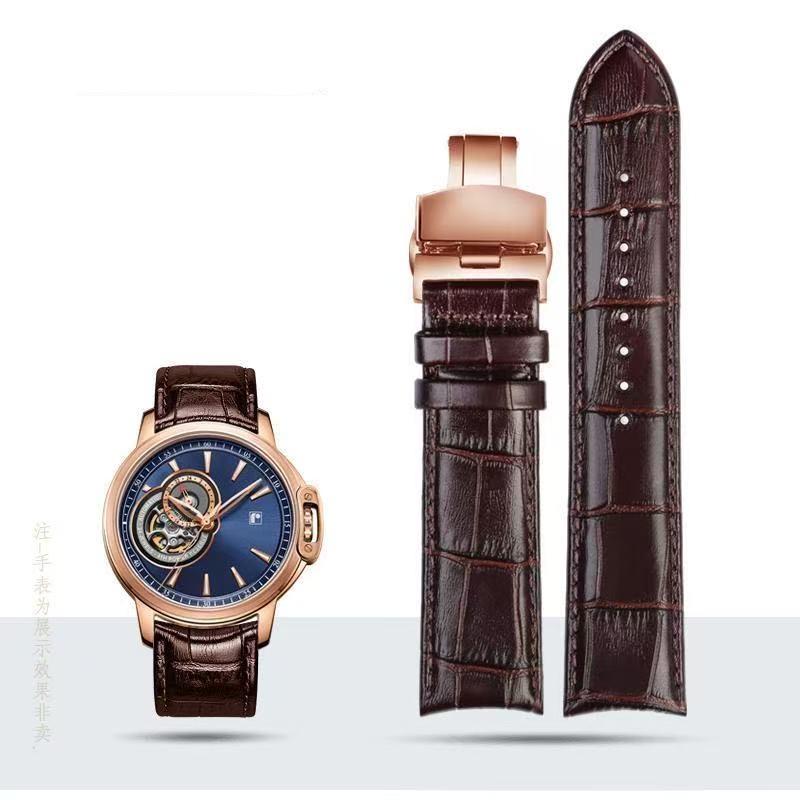 

Universal Black Blue Brown Cow Leather Watchband For Automatic Watch | Curved End 19mm 20mm 21mm 22mm Deployment Buckle Strap 21mm&rosegold buckle коричневий