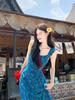 Seaside Vacation Wind Blue Floral Suspender Dress Women's Summer New Niche Pure Desire Wind Waist Thin Dress