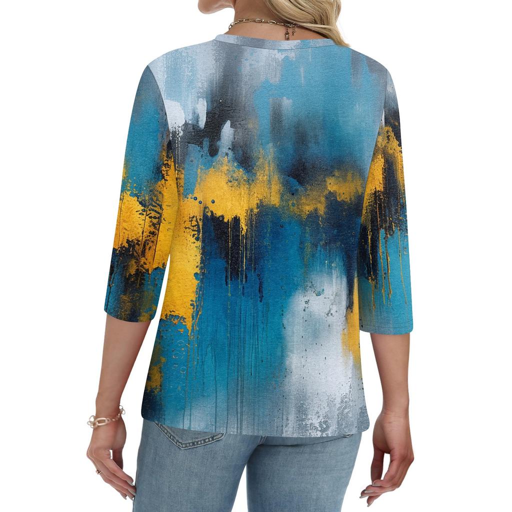 Damen T-Shirt mit Aufdruck, Knopfleiste, 3/4-Ärmel, für den Alltag, Wochenendmode, Basic, V-Ausschnitt, normales Oberteil