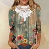 3/4 Length Sleeve Womens Tops Casual Loose Fit Lace V-neck T Shirts Cute Retro Floral Print Three Quarter Length Tunic Tops