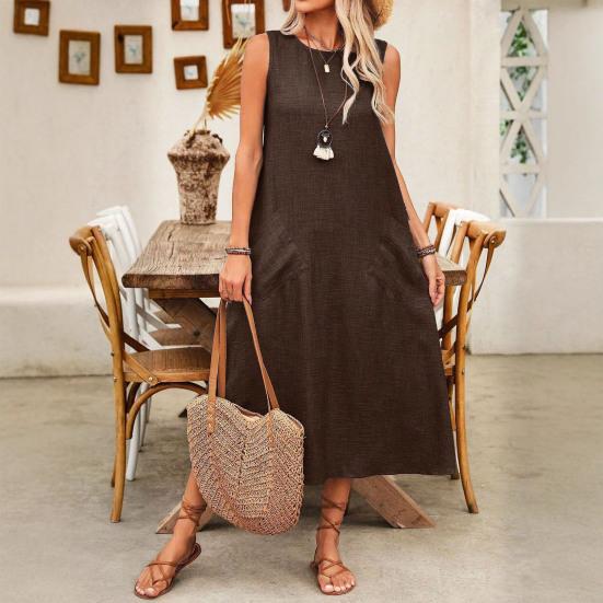 Women's Sleeveless Long Dress Casual Crew Neck Maxi Dress Summer Beach Vacation Shift Sundress