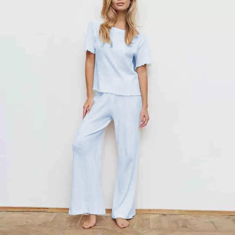 Europe, America, spring and summer new knitted cotton pajamas women's short-sleeved trousers casual loungewear set